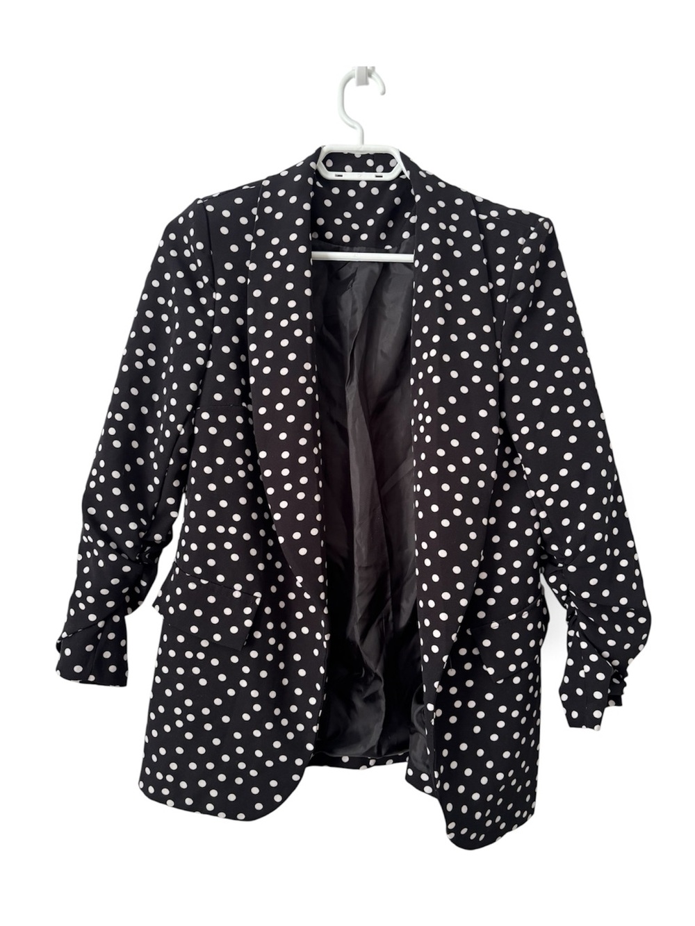 Black White Polka Dot Open Front Blazer Ruched jacket Sleeve size Small